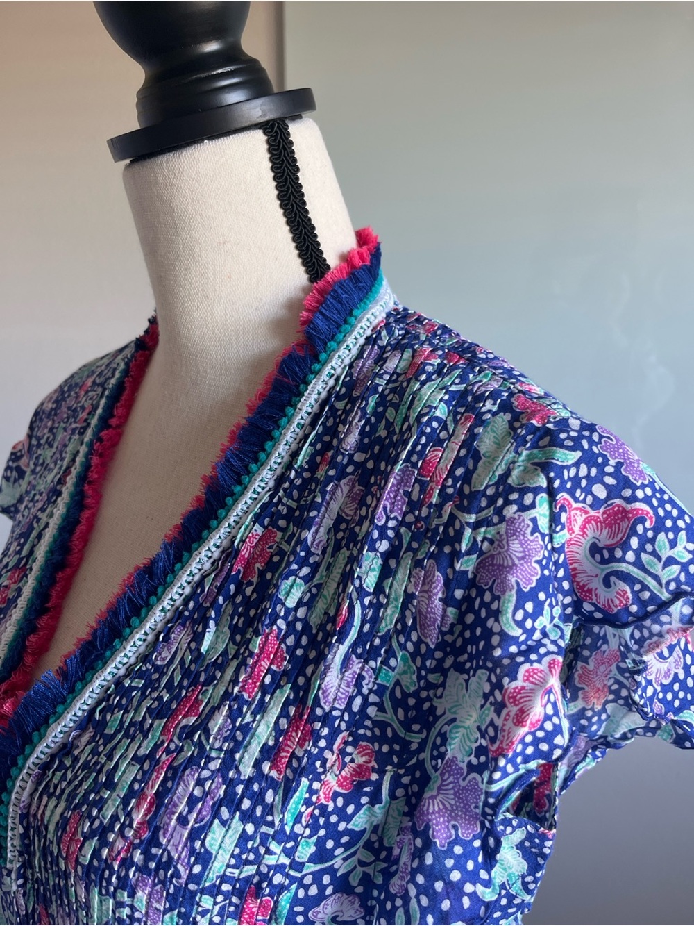 Poupette St Barth Blue Pink Print Tunic Dress Fringe V Neck Cover Up Size S - Picture 8 of 10